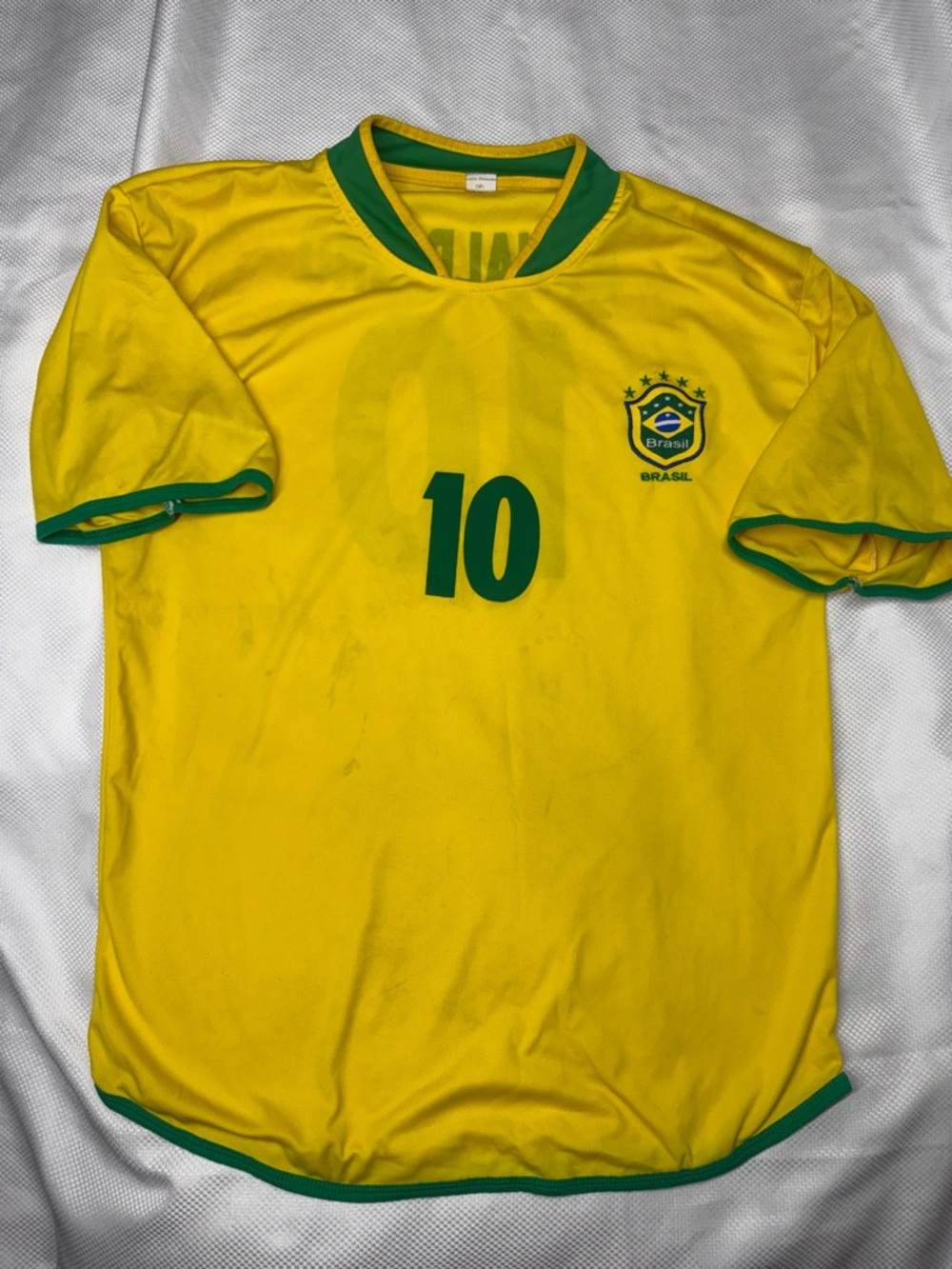 Brazil #10 Ronaldinho Soccer Jersey - Yellow with Green Trim - Made in Brazil